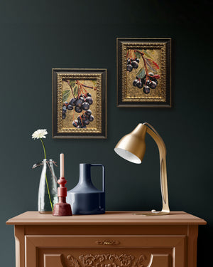 two framed gold leaf hawthorn berry paintings