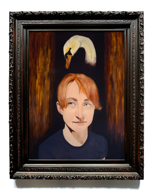 Framed Oil portrait painting of a woman with a swan above her head | Her Hands Chose Fire Over Forgetting by Danny Gordo