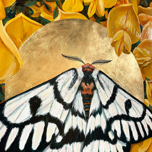 hera buckmoth yellow flower painting gold leaf detail