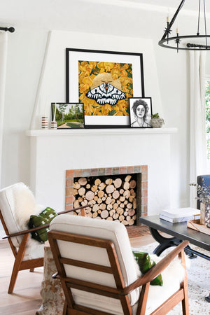 hera buckmoth yellow flower wall art on mantle