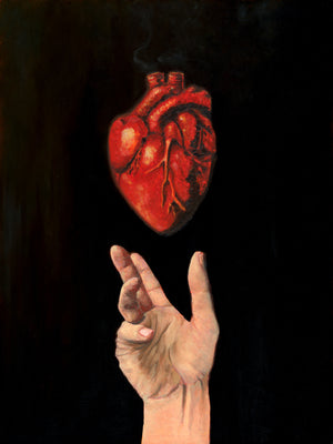 artwork of a hand reaching towards a detailed anatomical heart on a black background