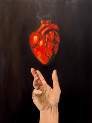 Painting of a hand reaching towards a red heart against a dark background