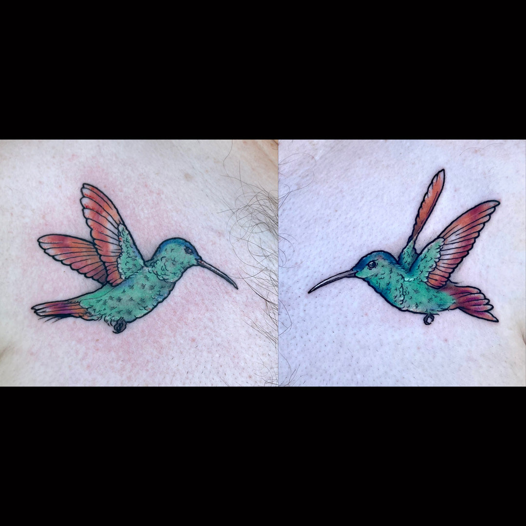 hummingbird tattoos on chest by Cass Brown