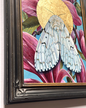 white spongy moth painting with pink magnolias and black frame detail