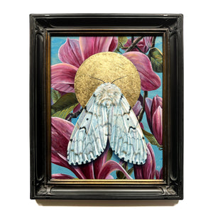 white spongy moth painting with gold leaf, pink magnolias and black frame