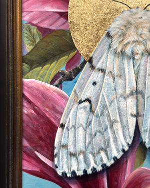 white spongy moth painting with pink magnolias and black frame detail