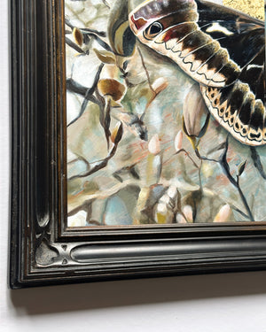 black silkmoth and magnolia painting with black frame detail