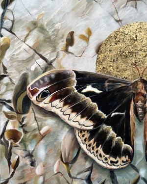 black silkmoth and magnolia painting with gold leaf texture detail