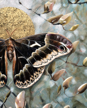 black silkmoth and magnolia painting with gold leaf detail