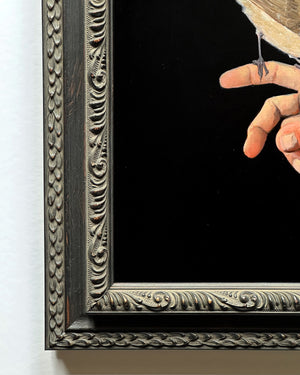 Close-up framed artistic depiction of a bird perched on a hand against a black background by Danny Schreiber