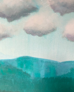 teal and yellow landscape painting texture detail