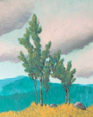 teal and yellow landscape painting with trees, clouds, and mountains detail