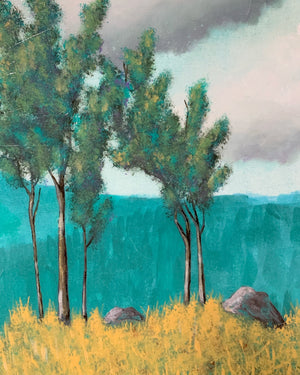 teal and yellow landscape painting with trees, clouds, and mountains detail