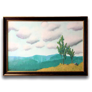 trees clouds teal landscape painting