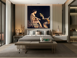 large painting hanging over bed