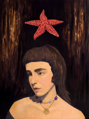 surreal oil painting of a woman with a red starfish above their head against a dark background