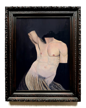 surreal male figurative oil painting by Danny Schreiber with dark background in frame