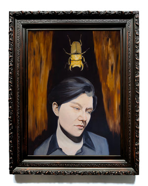 "Love Did Not Soften The Blade" Framed Woman Portrait Painting with Beetle by Danny Gordo