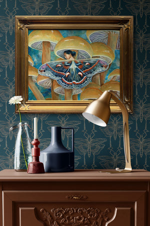 fairy mushroom painting in carved gold frame on teal wallpaper