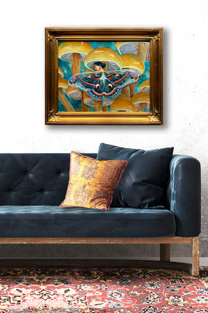 fairy mushroom painting in carved gold frame hanging on wall