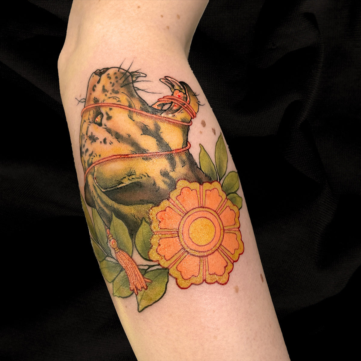 ocelot neotraditional color tattoo by Cass Brown