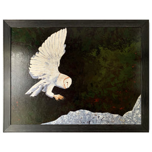 large owl painting in charcoal wood frame