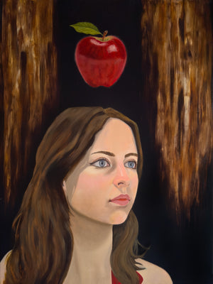 oil painting of a woman's portrait with an apple above her head | 'She Chose Her Name Each Morning' by Danny Gordo