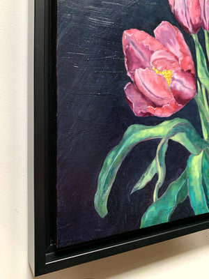 pink tulip oil painting black float frame