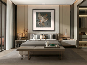flying bird art print on bedroom wall