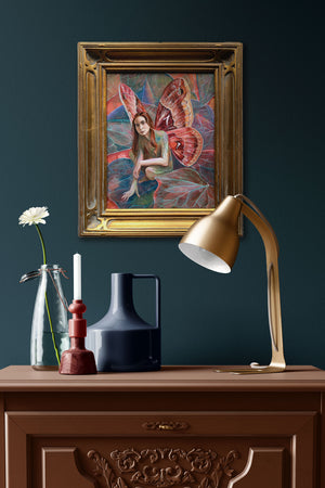 fairy artwork fairy painting with red wings in gold frame on dark wall