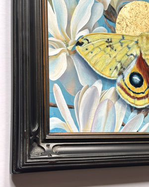 Yellow io moth and star magnolia painting with gold leaf in black frame detail