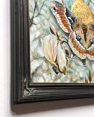 Reverberation tuliptree silkmoth magnolia painting black frame detail