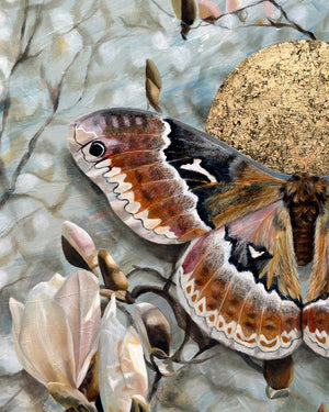 Reverberation tuliptree silkmoth magnolia painting with gold leaf detail