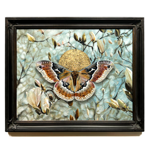 Reverberation tuliptree silkmoth magnolia painting with blue background and gold leaf by Aimee Schreiber