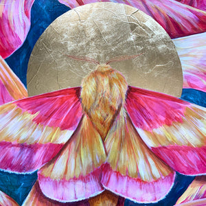 rosy maple moth painting pink and yellow gold leaf