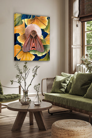 ruby tiger moth eucalyptus painting on wall