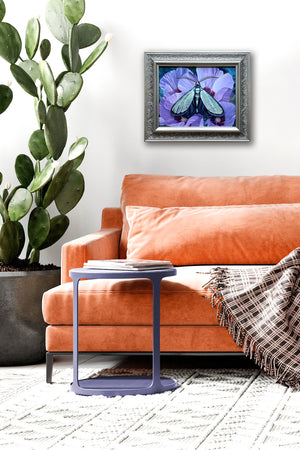 'Tranquility' satin green forester moth purple flower painting in silver frame on wall