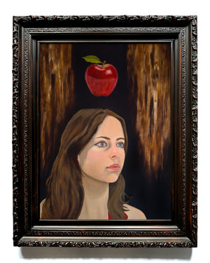 Framed symbolic oil painting of a woman's portrait with an apple above her head by Danny Gordo