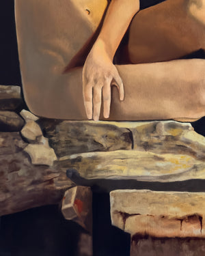 close-up figurative oil painting of a person sitting on a stone bench with a blurred background