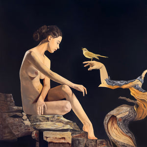 Figurative oil painting of a nude woman interacting with a bird on a dark background