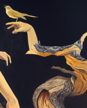close-up surreal oil painting depiction of hands and a bird interacting with a tree branch against a dark background