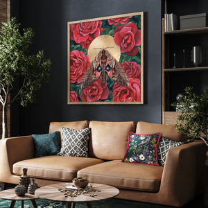 sphinx moth rose art print on wall