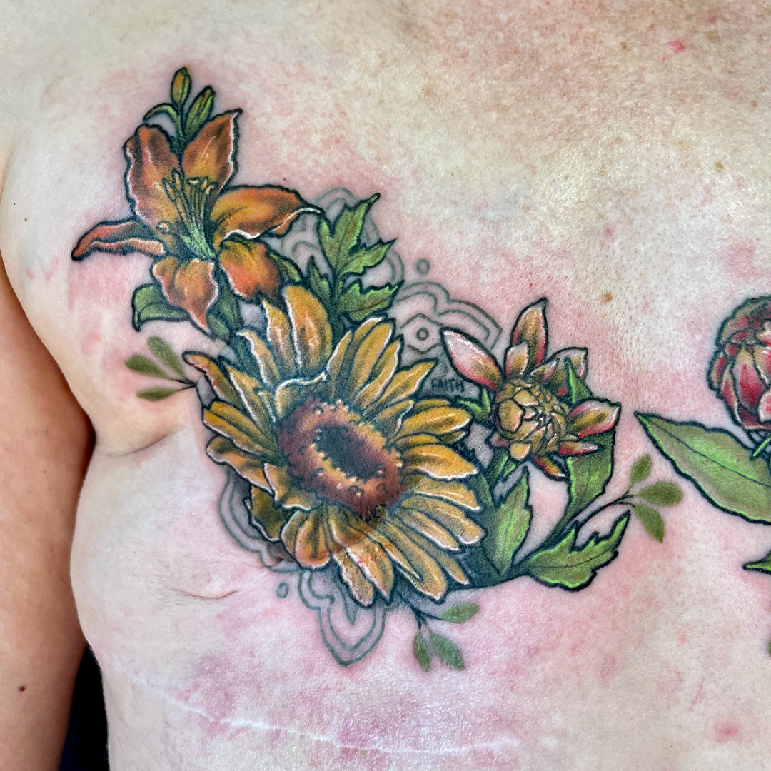 sunflower mastectomy tattoo by Cass Brown