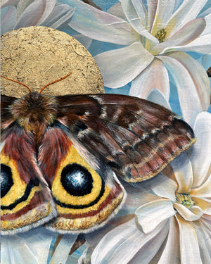 io moth with star magnolia and gold leaf painting detail