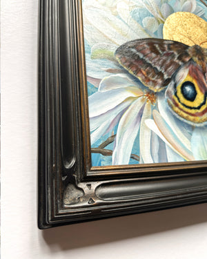 io moth with star magnolia and gold leaf painting black frame detail