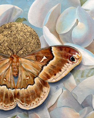 detail of sweetbay silkmoth magnolia painting with gold leaf