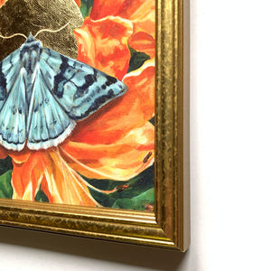 'Thrive' cerulean looper moth embellished canvas print gold wood frame