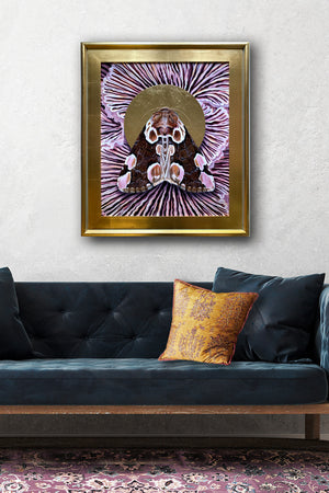 'Together' moth purple mushroom painting in wide gold leaf frame