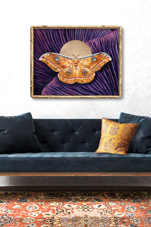 'Wholeness' japanese oak sillkmoth yellow moth and purple mushroom art print framed on wall
