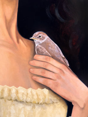 "Wild Magic Hums Behind Her Eyes" Woman holding a bird with a moon Oil Painting detail by Danny Gordo